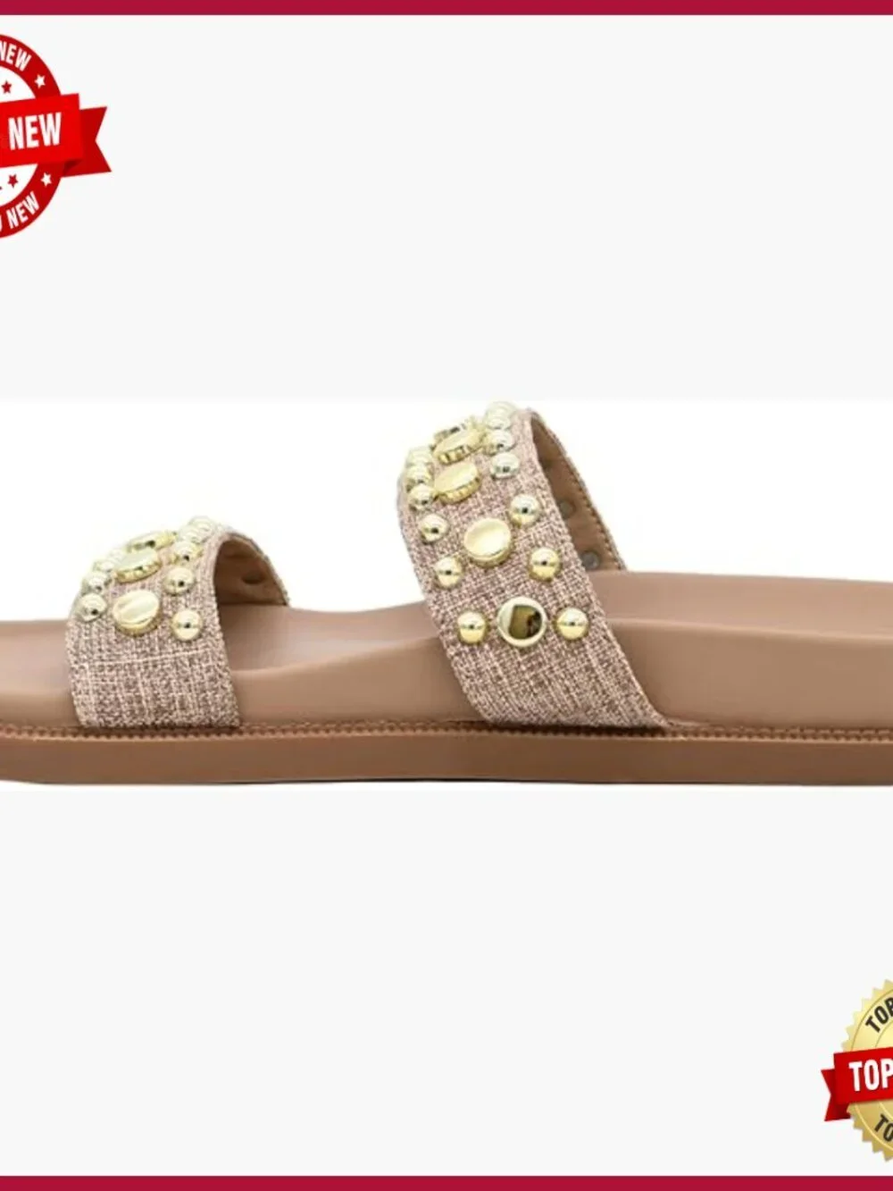 Women's Studded Double Strap Sandals, Cushioned Insole, Casual Slip-On Flats